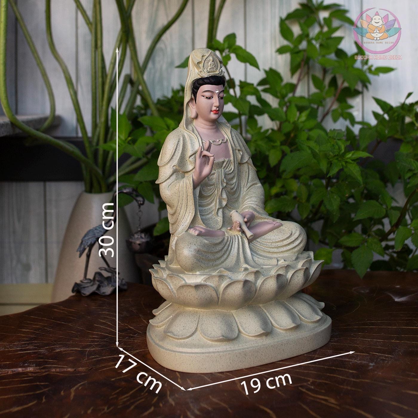 Guanyin Buddha Statue – 11.8 inches (30cm) Resin Stone Powder Sculpture | Compassion Kwan Yin Figurine | Home Altar Decor