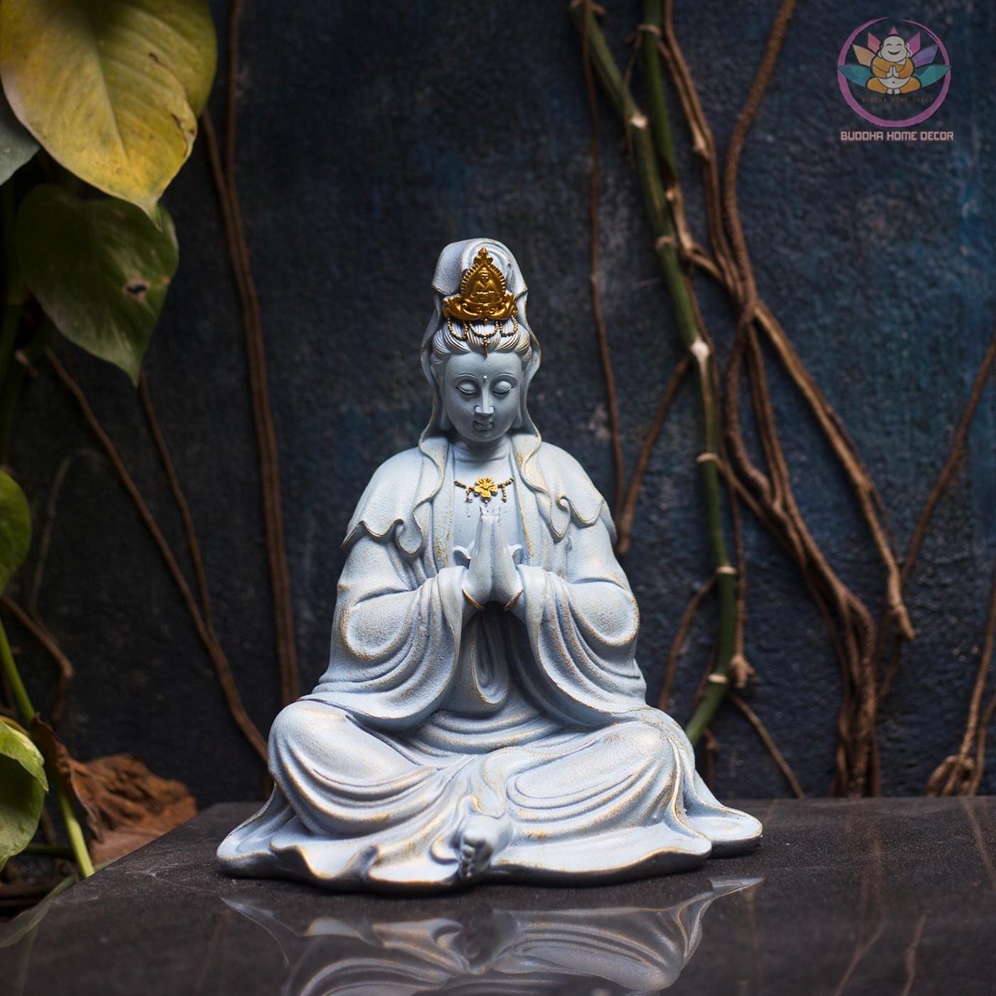 Seated Kwan Yin Statue with Praying Hands – Grey Stone Finish Guan Yin, 9.8 inches Handmade Resin Sculpture for Peace & Home Decor
