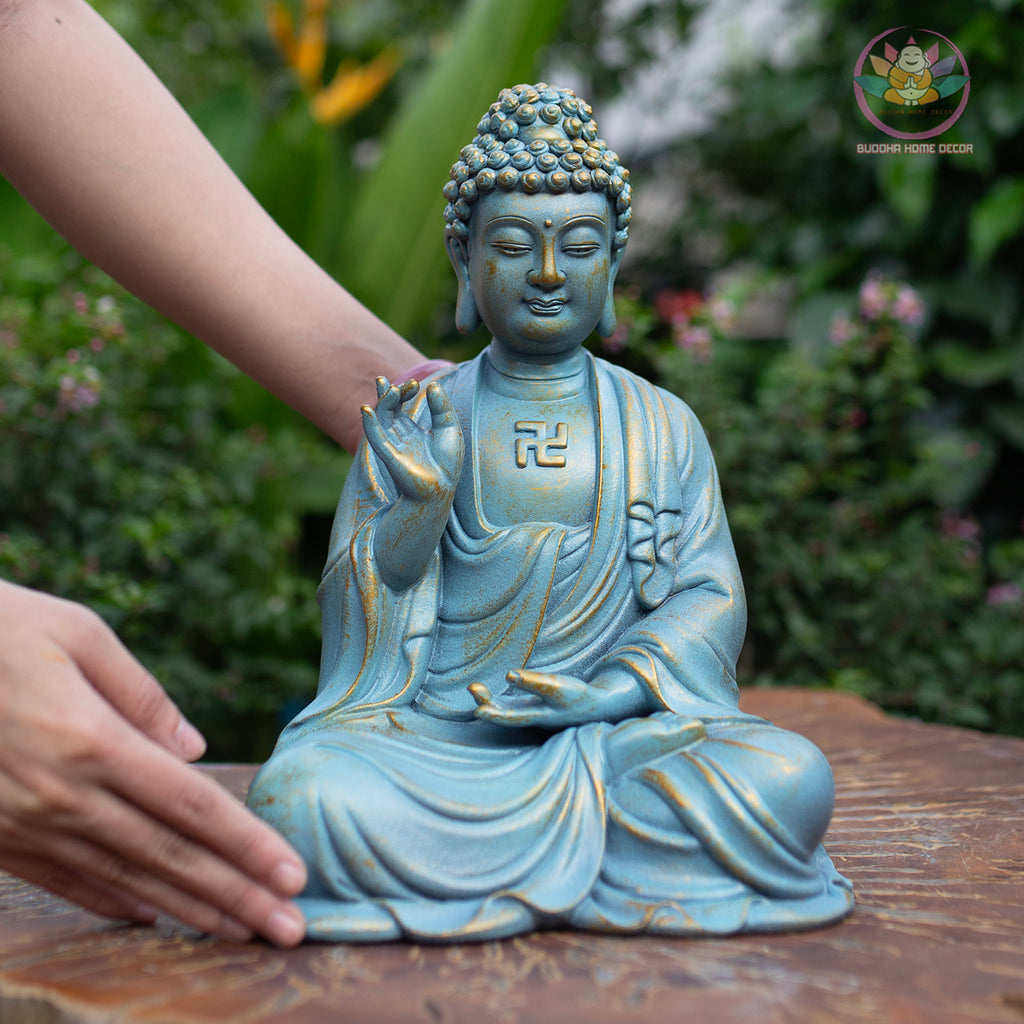 Handmade Blue Amitabha Buddha Statue – Meditation Decor, Zen Garden Sculpture, Spiritual Home Altar, Resin Figurine - 11.8" (30cm)