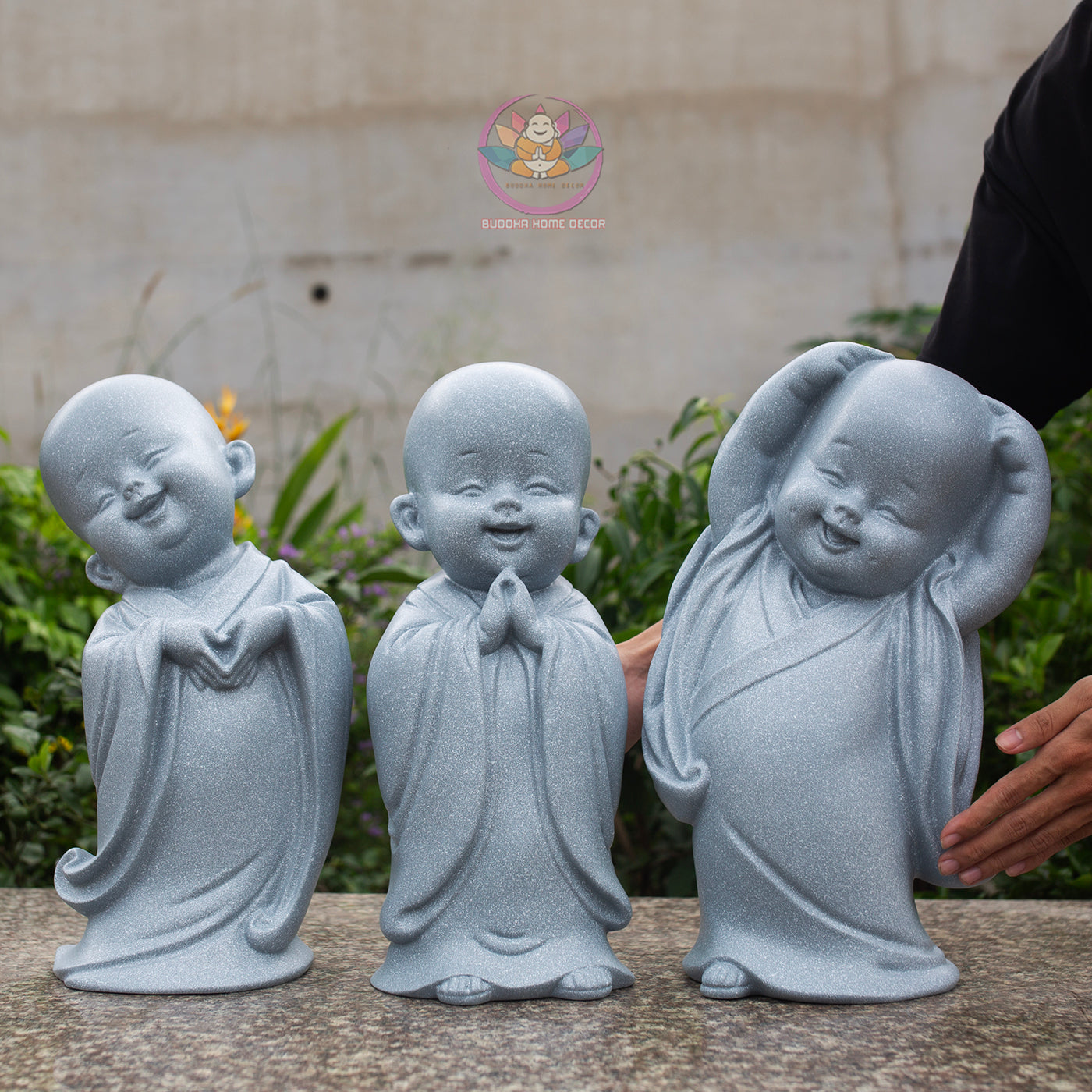 Happy Little Monk Statue Set 15.7" | Composite Resin and Stone Powder | Grey Stone Finish | Zen Monk Figurines for Home and Garden Decor