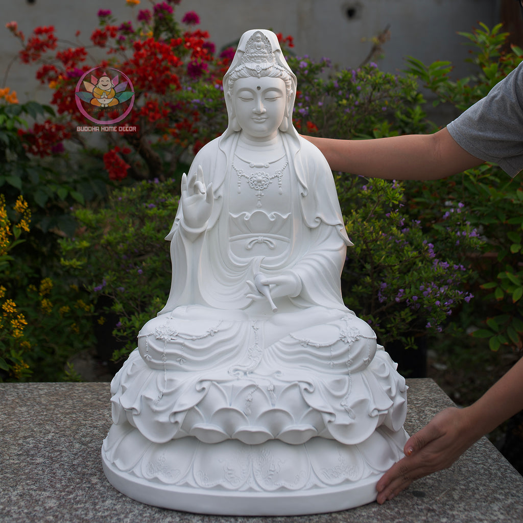 Large White Guanyin Bodhisattva Statue – Handmade Lotus Meditation Decor