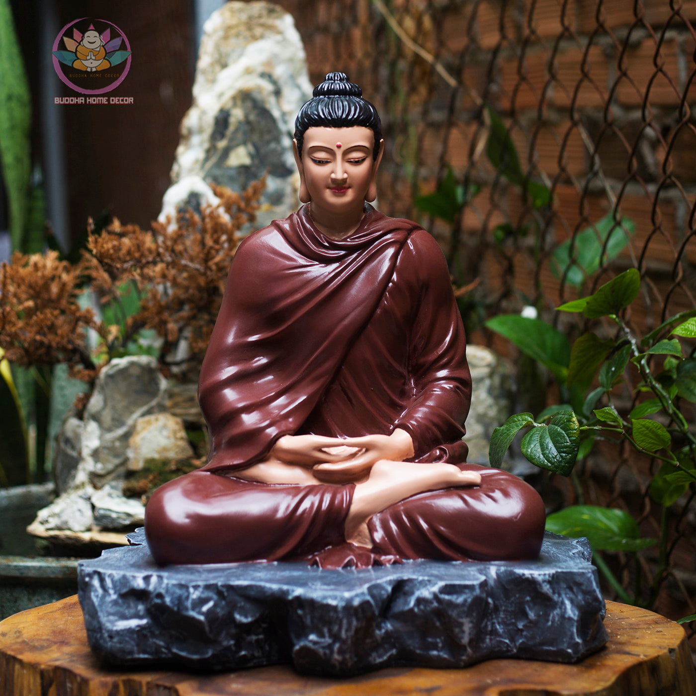 Shakyamuni Buddha Statue – 15.7" (40cm) in Burgundy Robe on Stone Base | Resin Meditation Sculpture | Handcrafted Vietnamese Decor