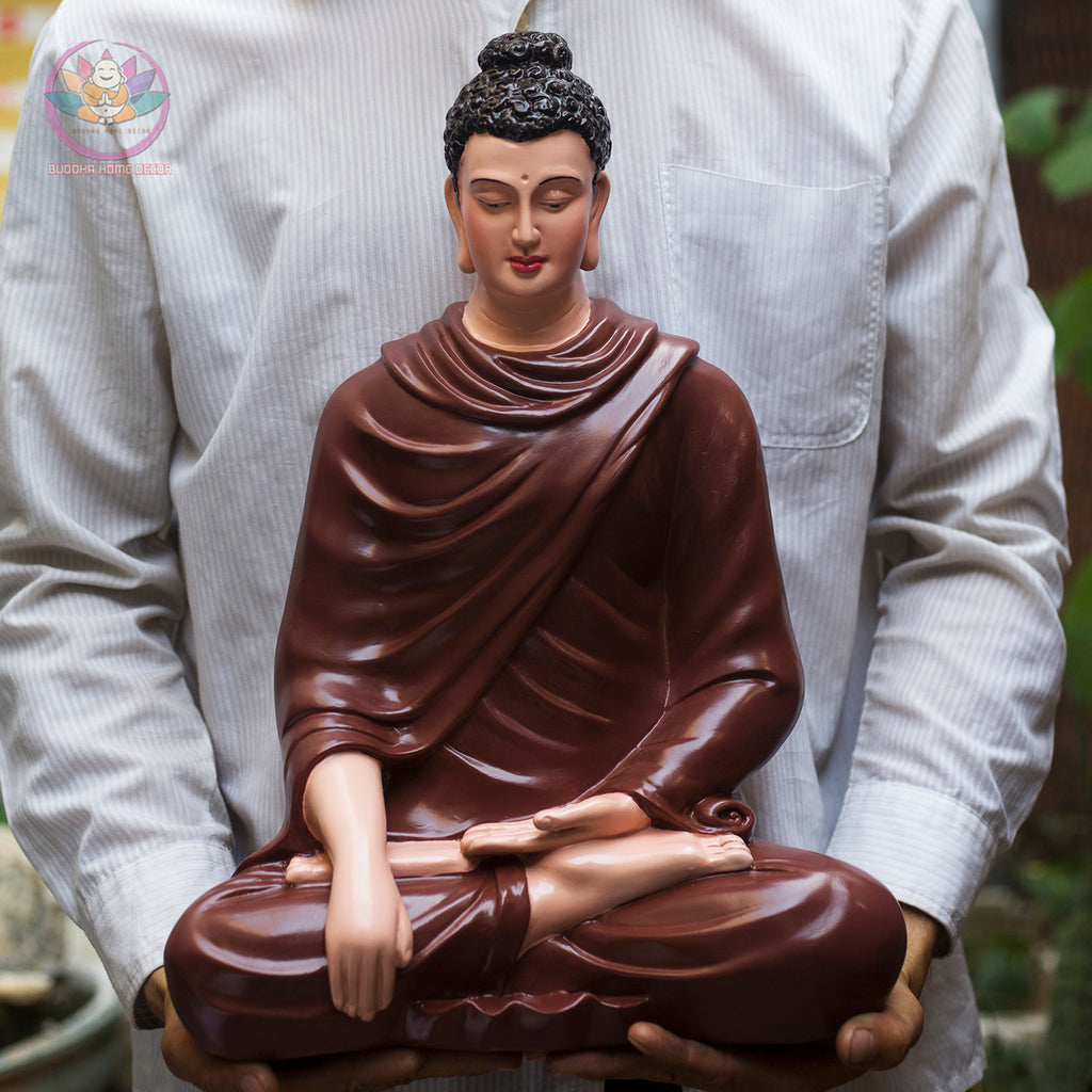 Brown Robe Buddha Statue – 18.1 inches Shakyamuni in Meditation | Glossy Ceramic-Look Finish | Handcrafted Resin | Vietnamese Buddhist Decor