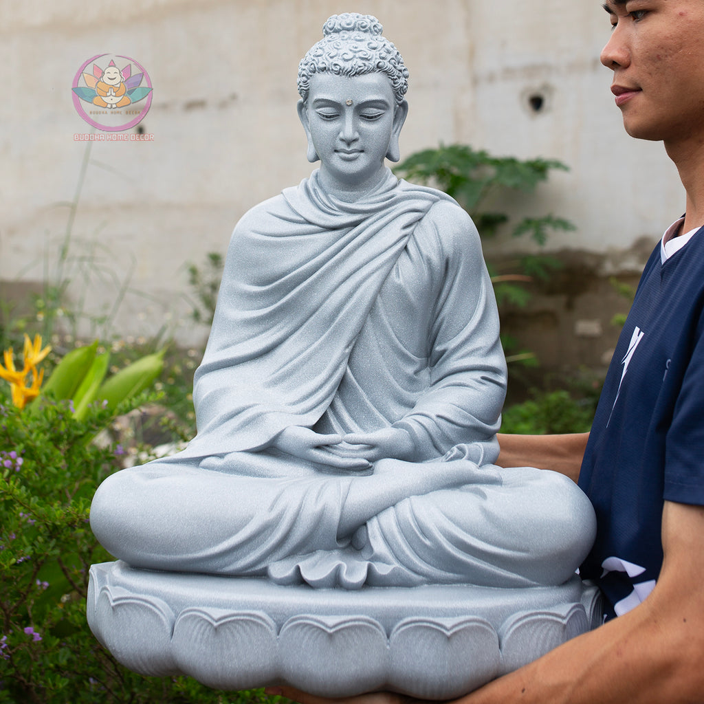Shakyamuni Buddha Statue 23.6" | Composite Resin and Stone Powder | Grey Stone Finish | Seated Meditation Buddha on Lotus Pedestal