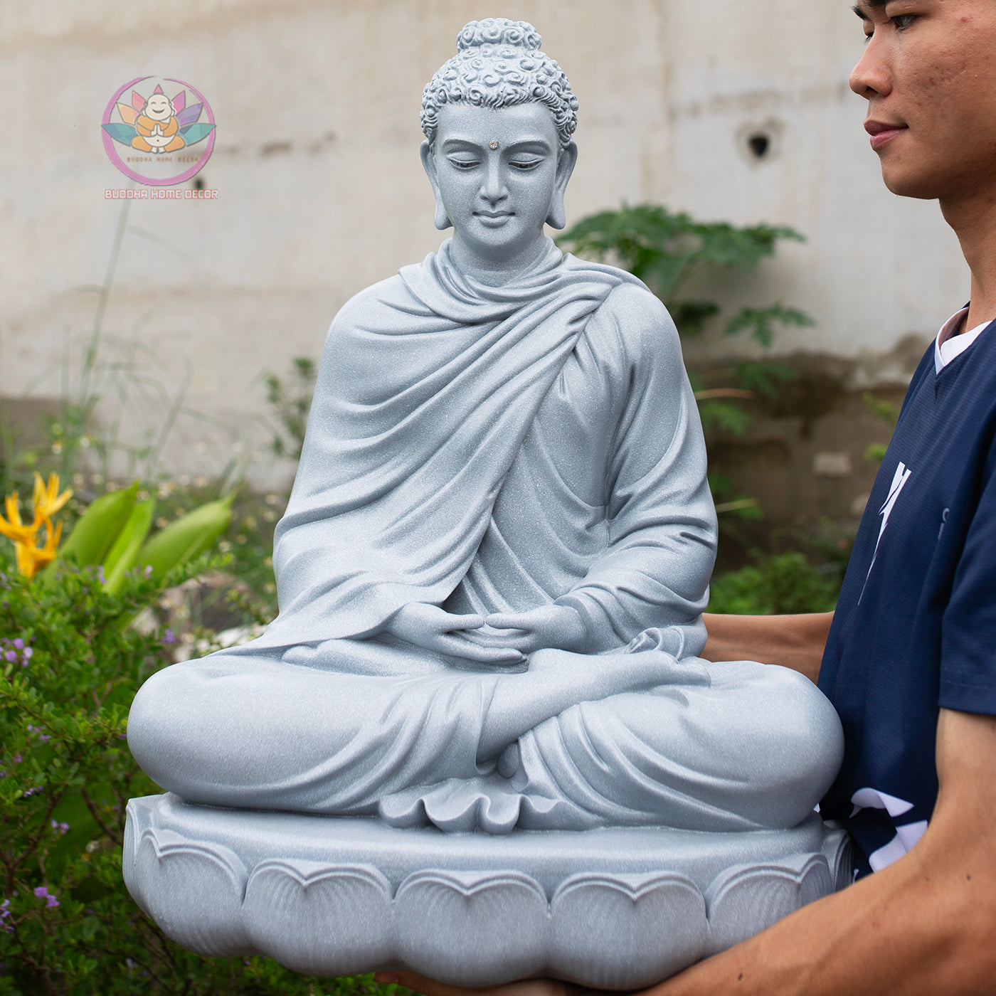 Shakyamuni Buddha Statue 23.6" | Composite Resin and Stone Powder | Grey Stone Finish | Seated Meditation Buddha on Lotus Pedestal
