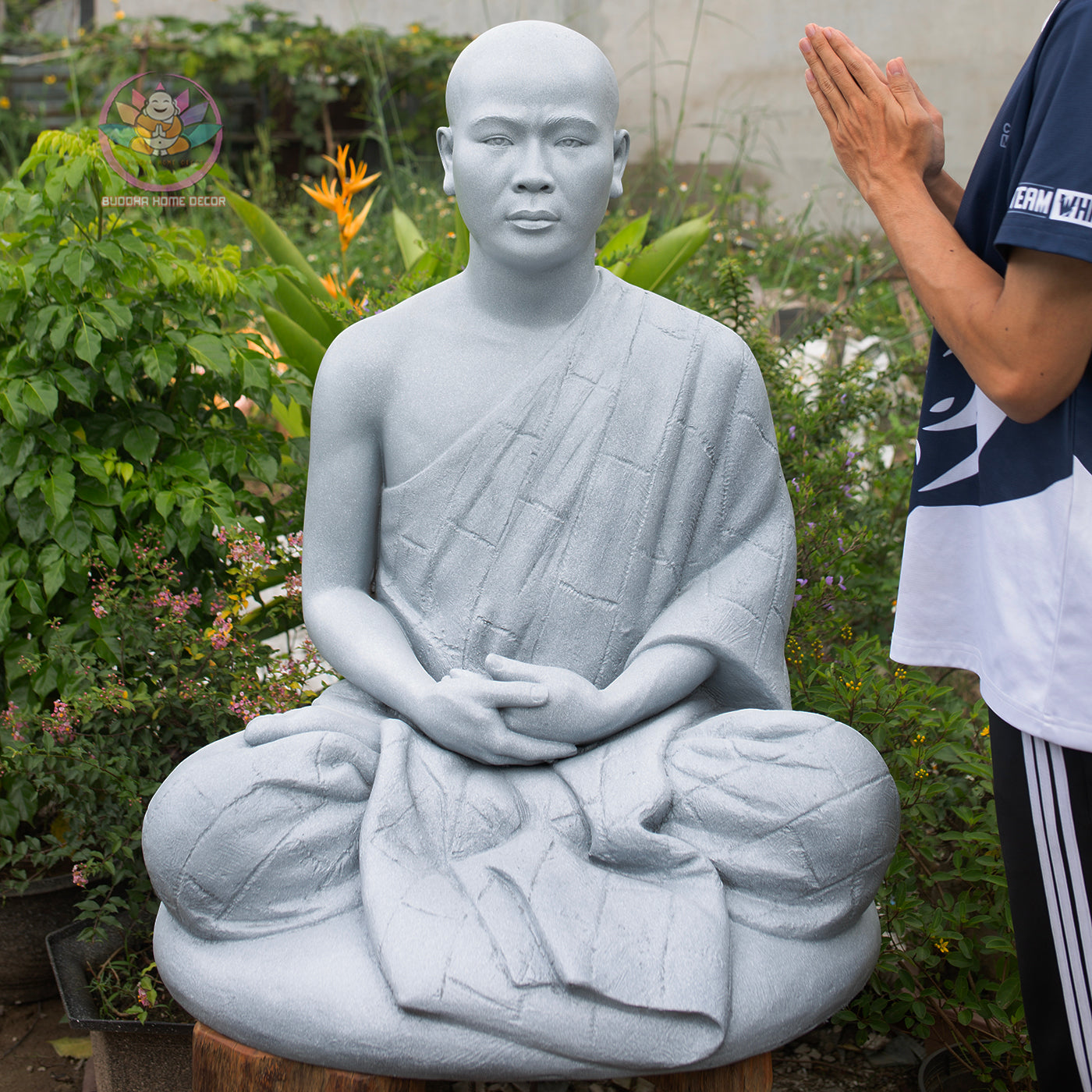 Thich Minh Quang Monk Statue 36" | Composite Resin and Stone Powder | Grey Stone Finish | Seated Meditation Monk Sculpture
