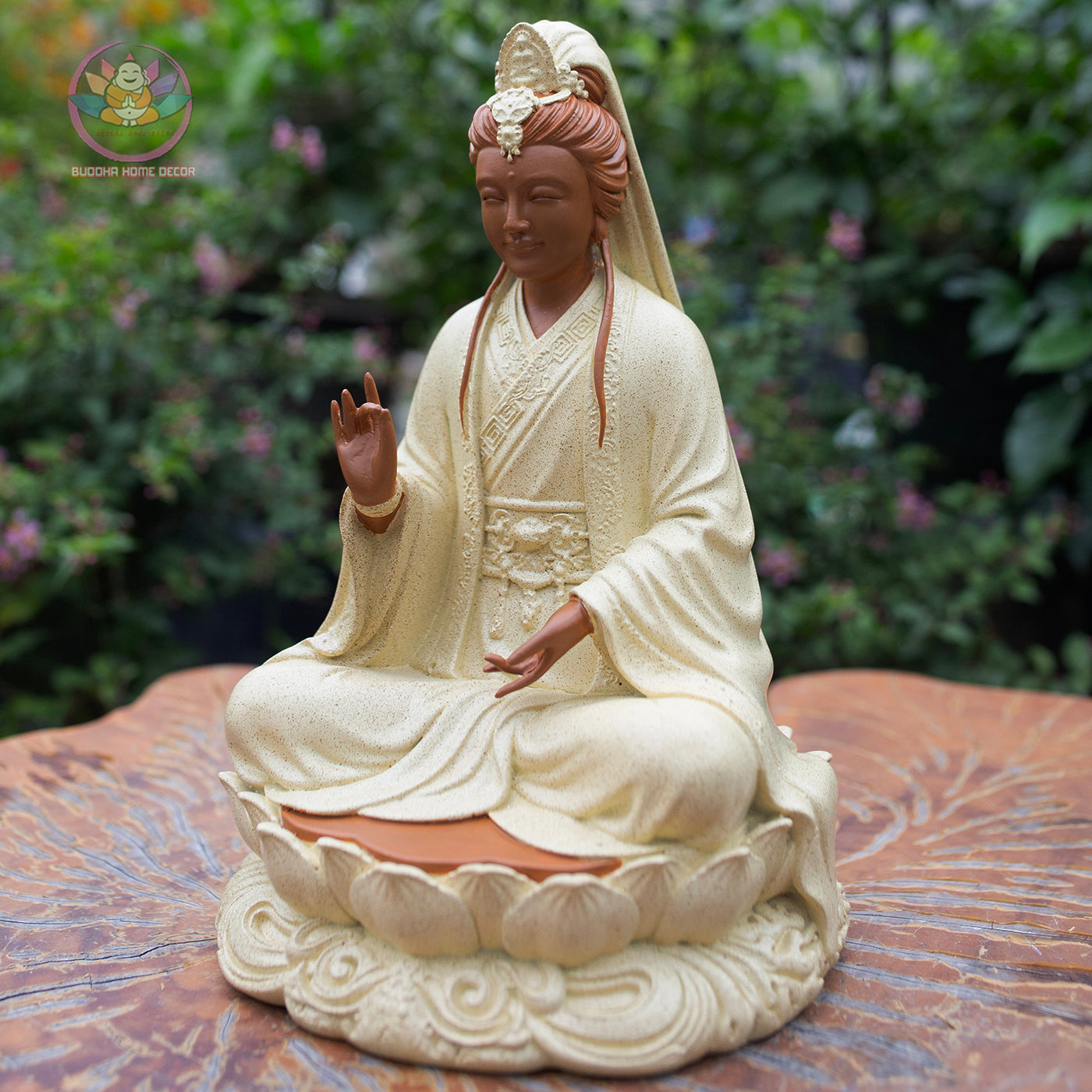 Guanyin Bodhisattva Statue 11.8" – Composite Seated Quan Yin on Lotus Pedestal