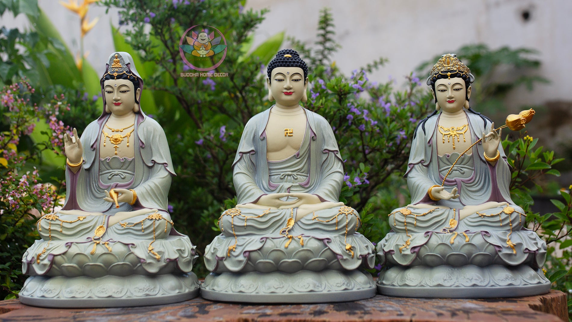Amitabha Buddha Statue Set 11.8" | Composite Resin and Stone Powder | Buddhist Altar Decor