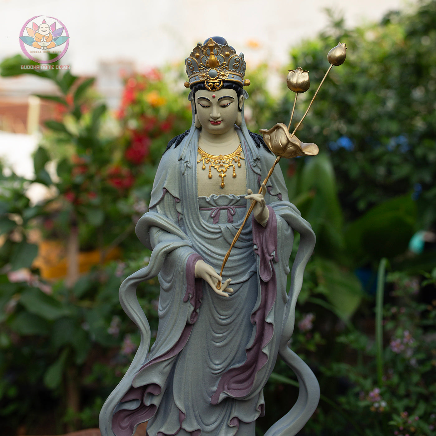 Seishi Bodhisattva Statue – 19.7" (50cm) Standing Mahasthamaprapta with Lotus Staff | Hand-Painted Resin Sculpture | Buddhist Altar Decor