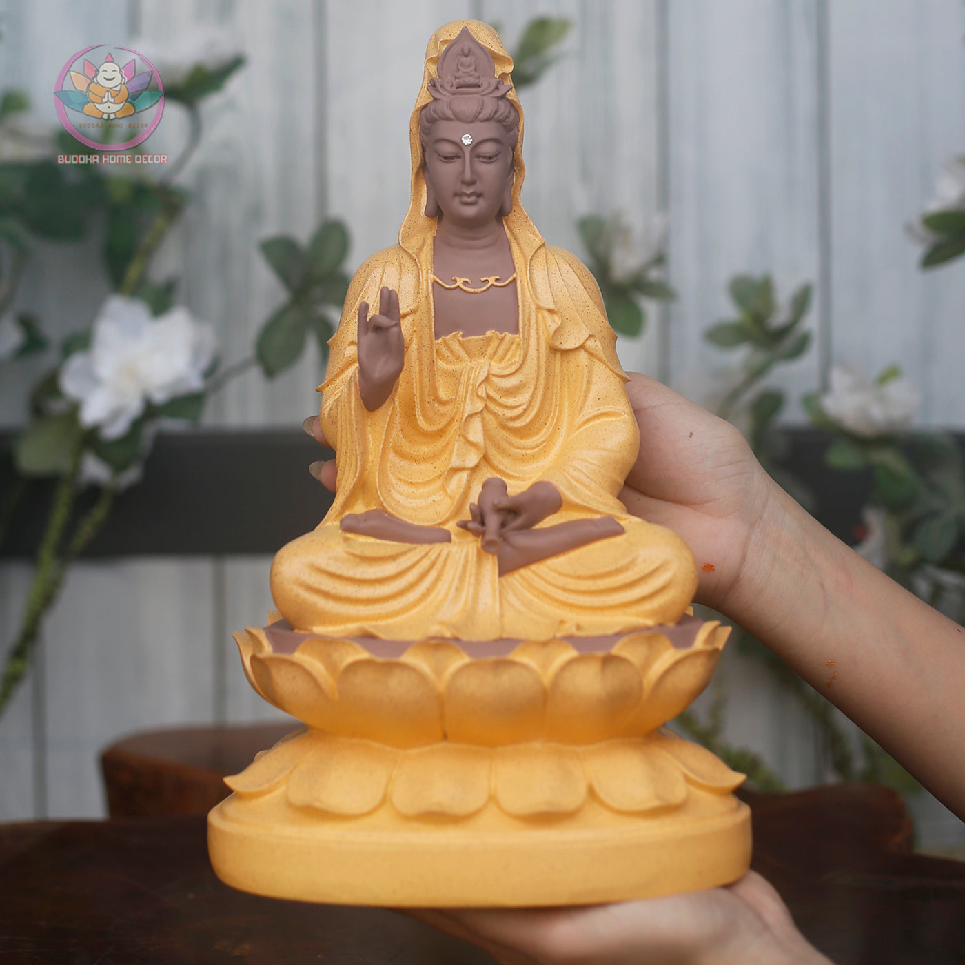 Yellow Robe Guanyin Statue – 11.8" Avalokiteshvara on Lotus Base | Kwan Yin Resin Sculpture for Altar & Zen Decor