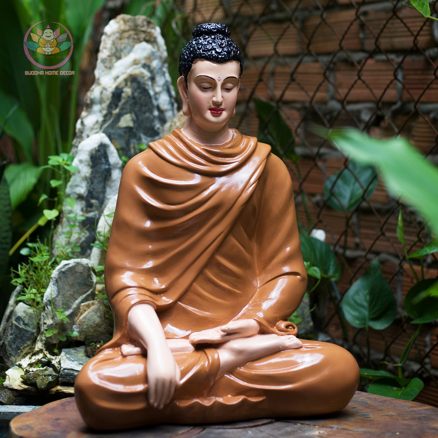 Brown Robe Buddha Statue – 18.1 inches Shakyamuni in Meditation | Glossy Ceramic-Look Finish | Handcrafted Resin | Vietnamese Buddhist Decor