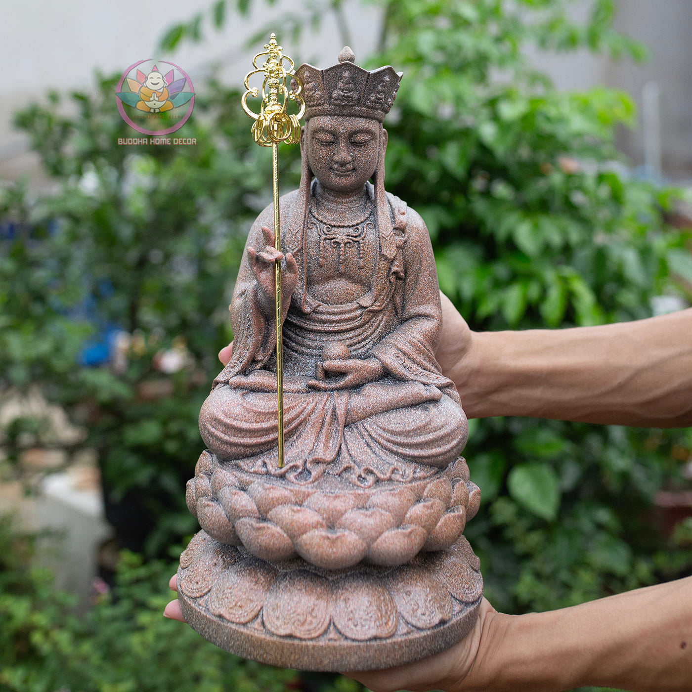 Ksitigarbha Bodhisattva Statue 11.8" – Antique Stone Finish Jizo with Lotus Pedestal