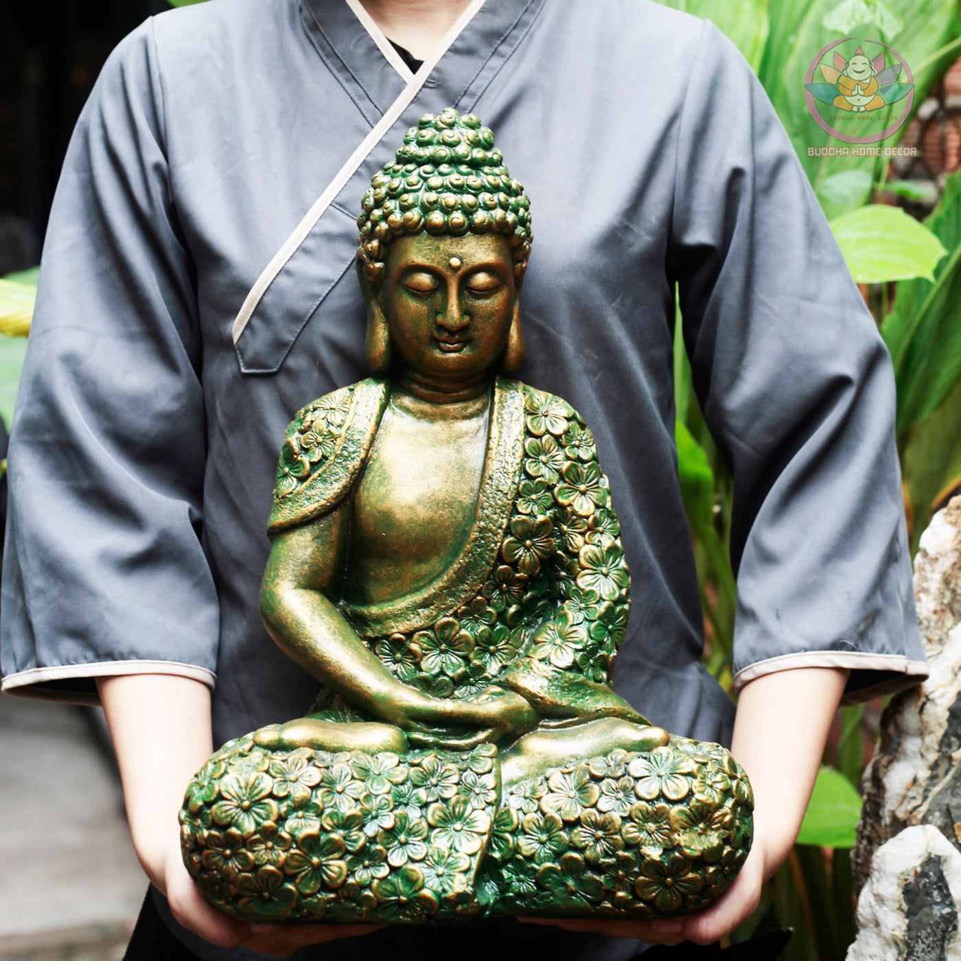 Floral Buddha Statue – 17" or 27.5" | Green Bronze Finish | Meditation Shakyamuni | Resin Handcrafted Buddhist Decor from Vietnam