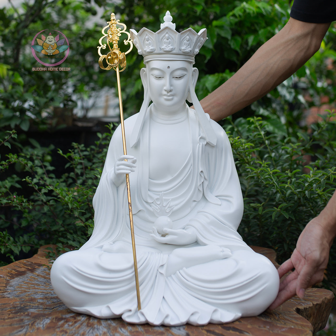 White Buddha Statue Set – Shakyamuni 57 cm, Ksitigarbha and Quan Yin 50 cm | Composite Resin and Stone Powder | Buddhist Altar Decor