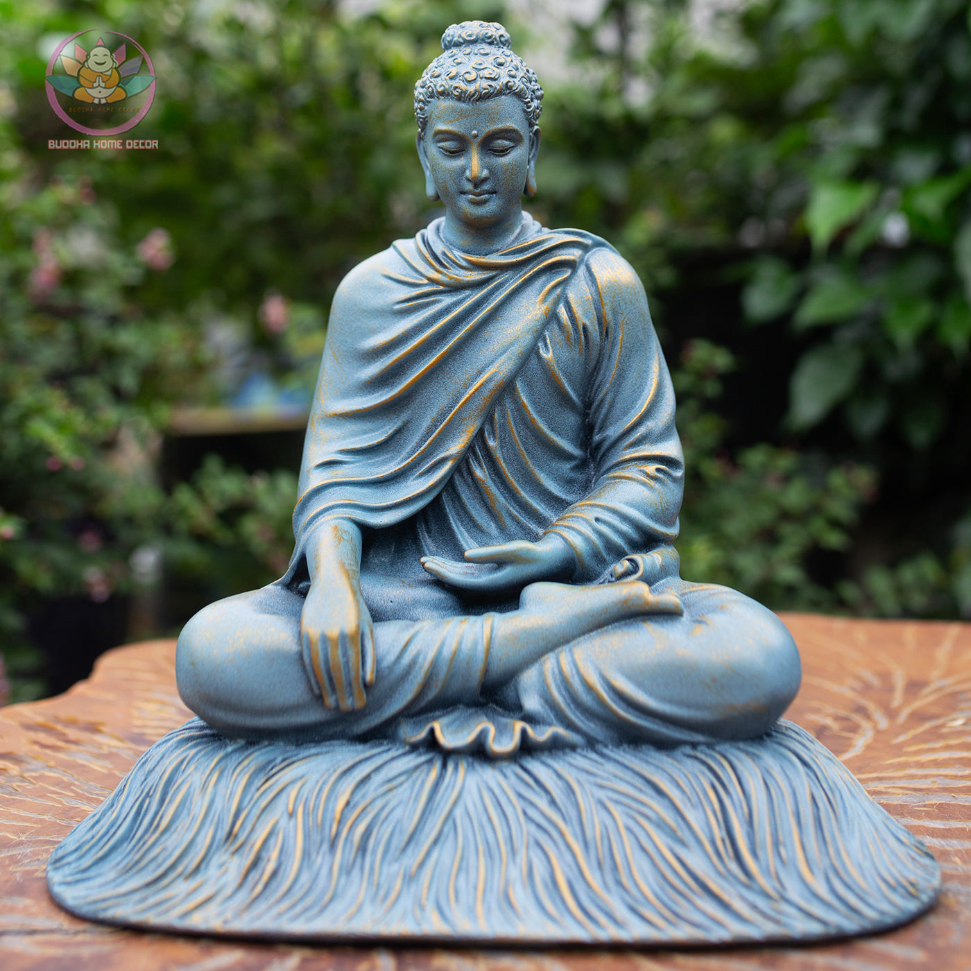 Shakyamuni Buddha Statue 11.8" – Antique Bronze Blue Resin Meditation Sculpture, Seated Buddhist Figurine, Zen Home Altar Spiritual Decor