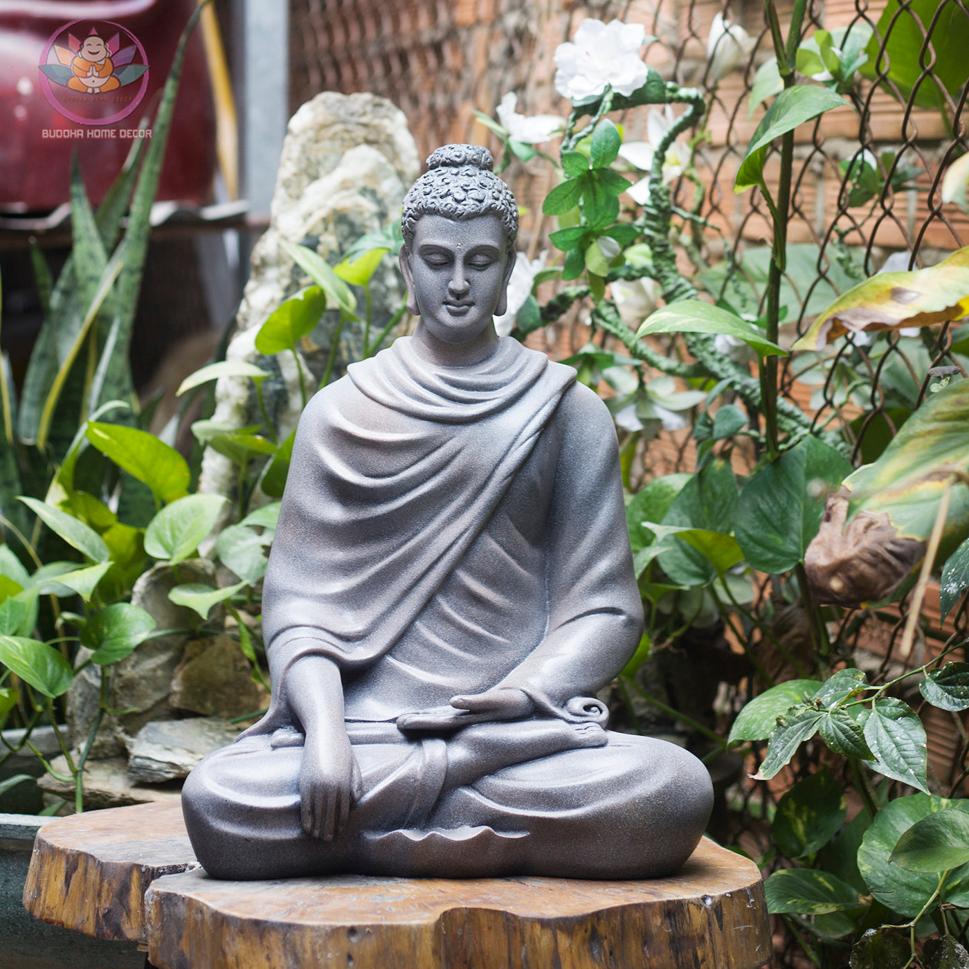 Stone-Textured Buddha Statue – 18.1" (46cm) Shakyamuni in Meditation | Earthy Gray Resin Finish | Handcrafted Vietnamese Altar Sculpture