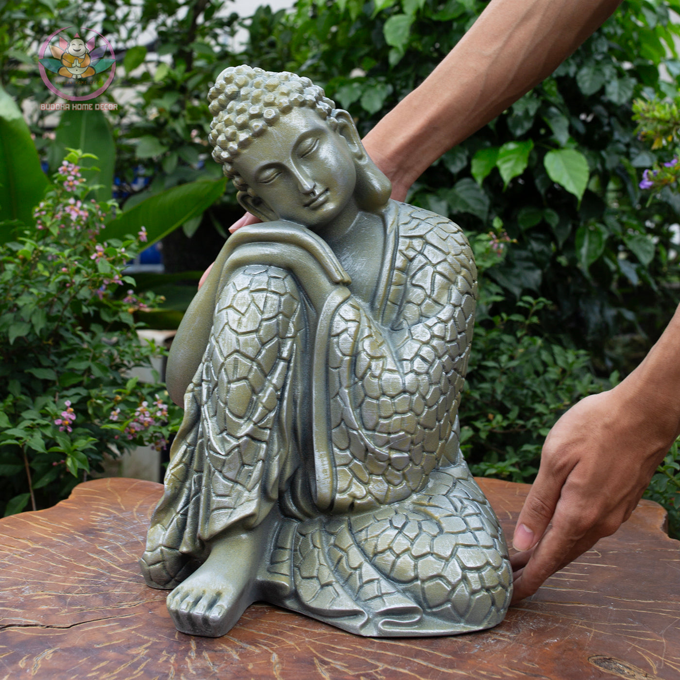 Resting Buddha Statue – Silver Finish Resin Sculpture – Zen Meditation Decor, Mindfulness Gift, Buddhist Home Altar Ornament - 13.4 inches