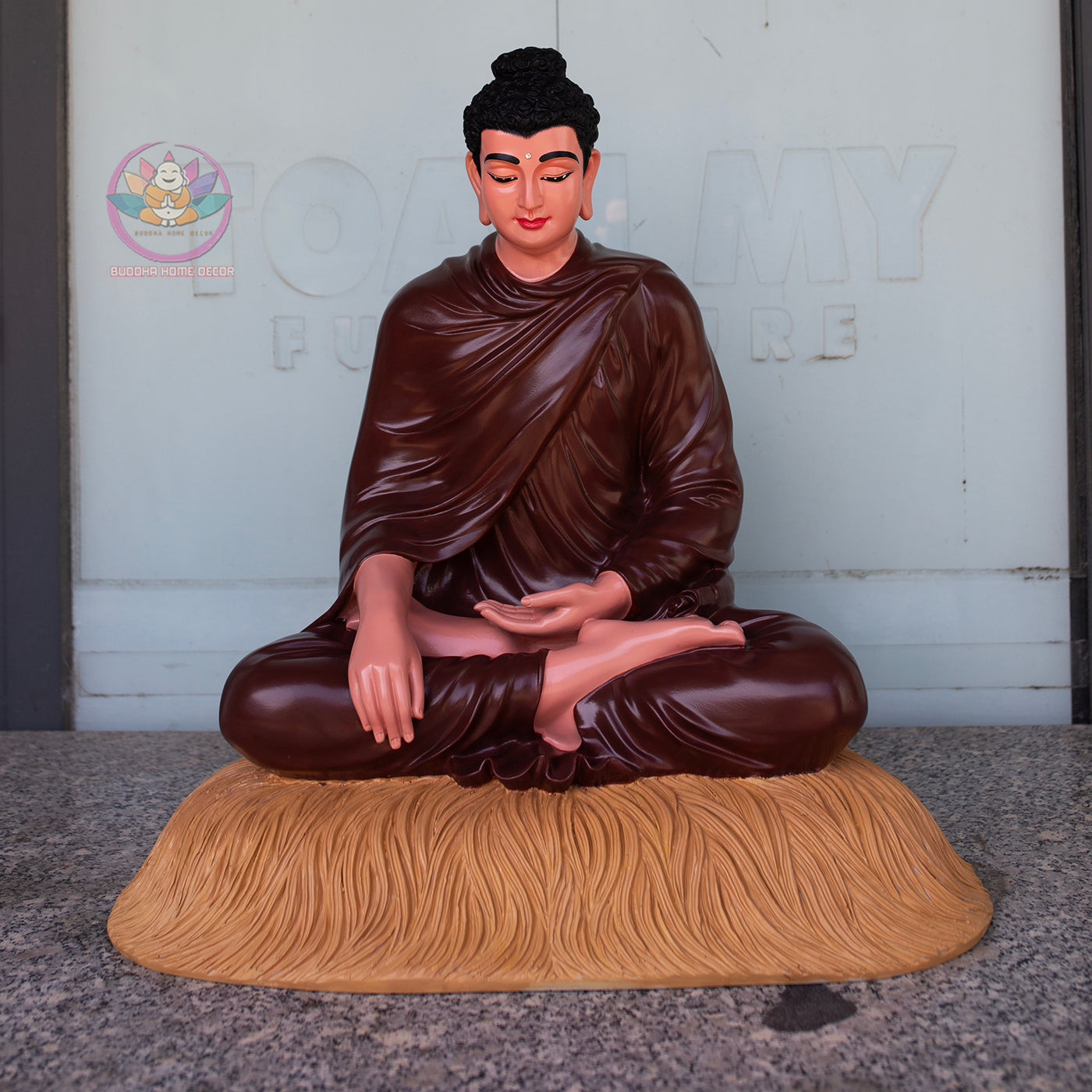 Shakyamuni Buddha Statue 23.6" Seated on Pedestial Glossy Ceramic Brown Finish
