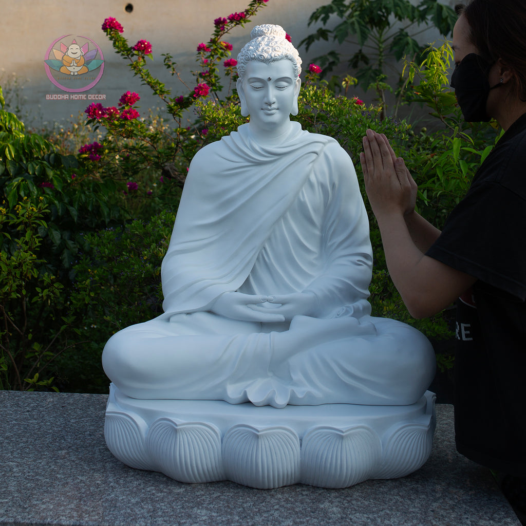 Shakyamuni Buddha Meditation Statue White Robe, Large Buddha Sculpture, Zen Decor, Buddhist Altar Statue, Spiritual Home Decor Gift