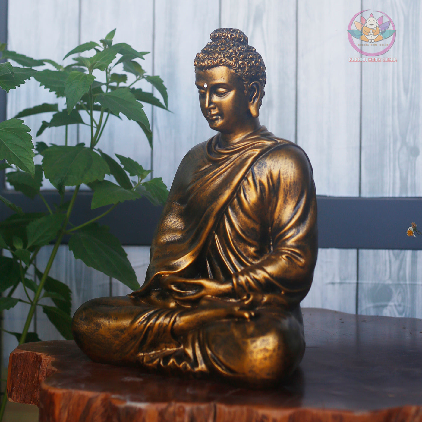 Antique Bronze Shakyamuni Buddha Statue – 13.7" Resin Sculpture | Vintage Look for Meditation, Home Altar & Spiritual Gift