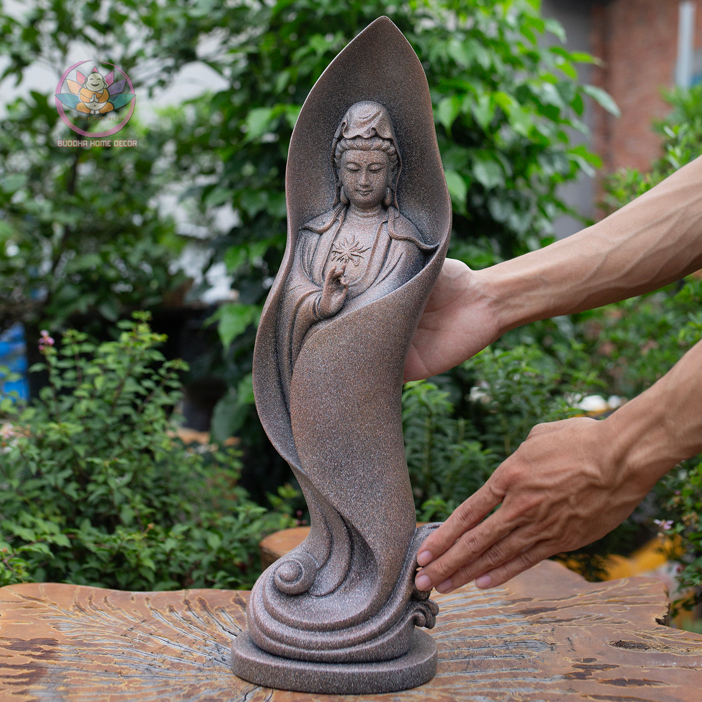 Guanyin Bodhisattva Statue 18.9" – Lotus Leaf Design Kwan Yin in Antique Stone Finish