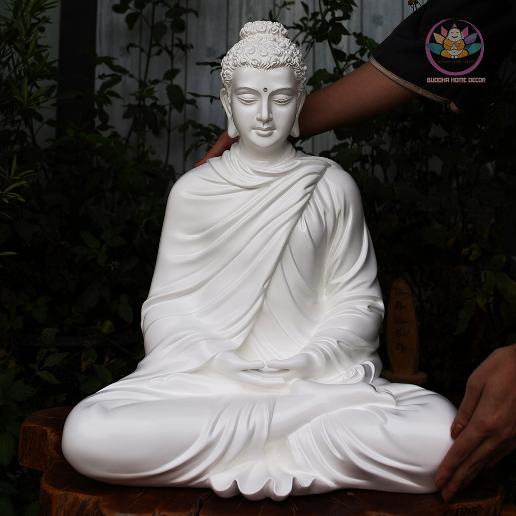 Silver Stone Buddha Statue – 20.5" (52cm) Shakyamuni in Meditation | Metallic Matte Finish | Handcrafted Resin Sculpture from Vietnam