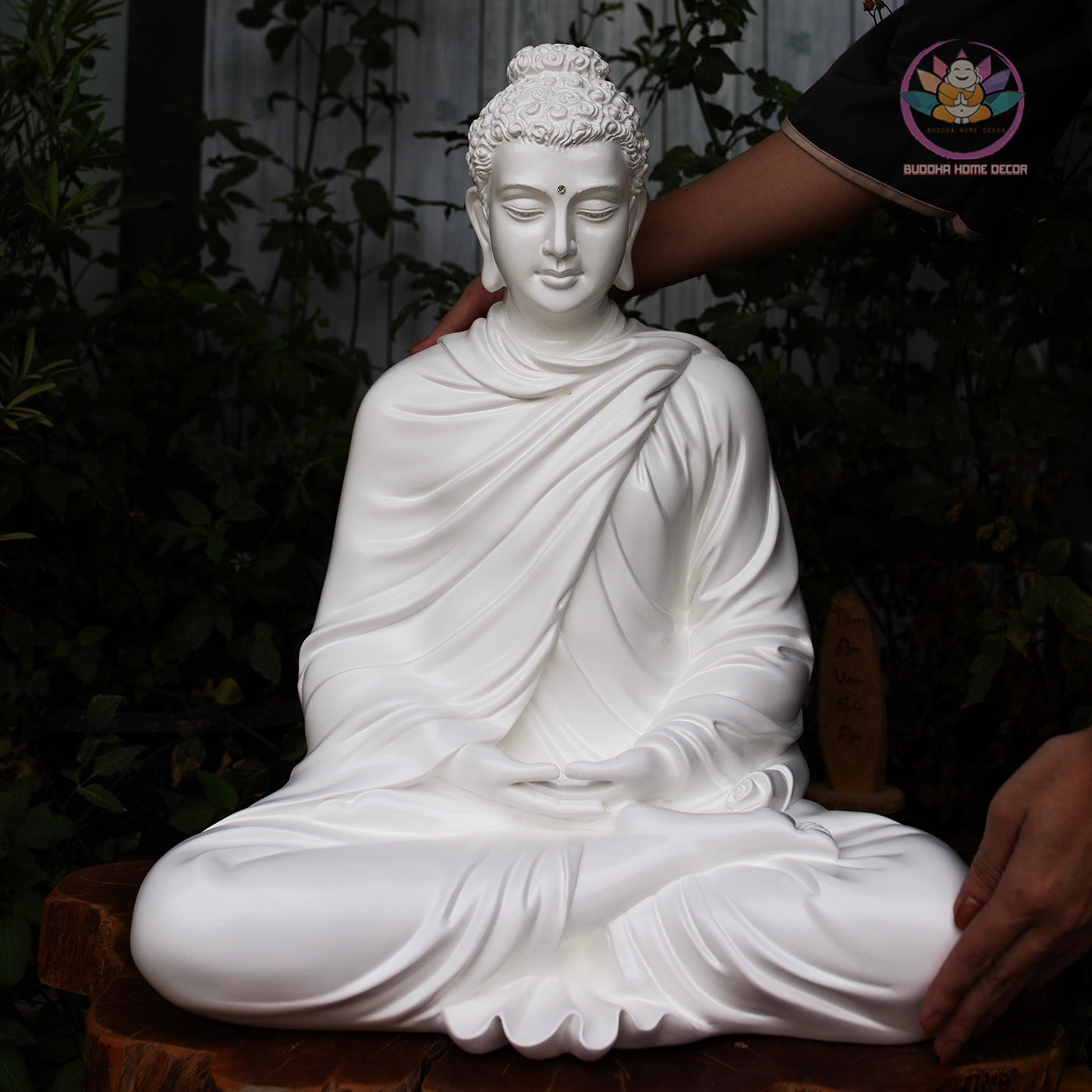 Silver Stone Buddha Statue – 20.5" (52cm) Shakyamuni in Meditation | Metallic Matte Finish | Handcrafted Resin Sculpture from Vietnam