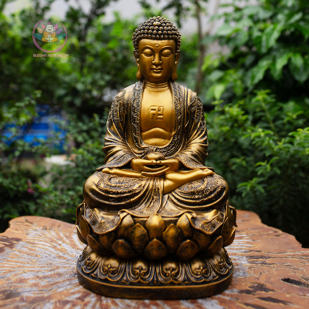 Golden Amitabha Buddha Statue – 14.9" Resin & Stone Sculpture | Meditating Buddha on Lotus Base