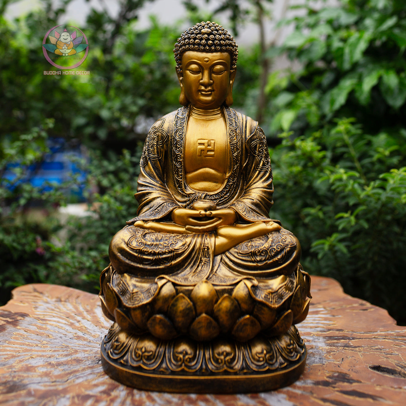 Golden Amitabha Buddha Statue – 14.9" Resin & Stone Sculpture | Meditating Buddha on Lotus Base