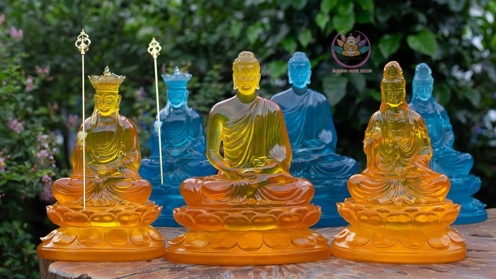 Resin Buddha Statue Set – 30cm Guanyin & Ksitigarbha, 32cm Shakyamuni Buddha | Faux Liuli Finish