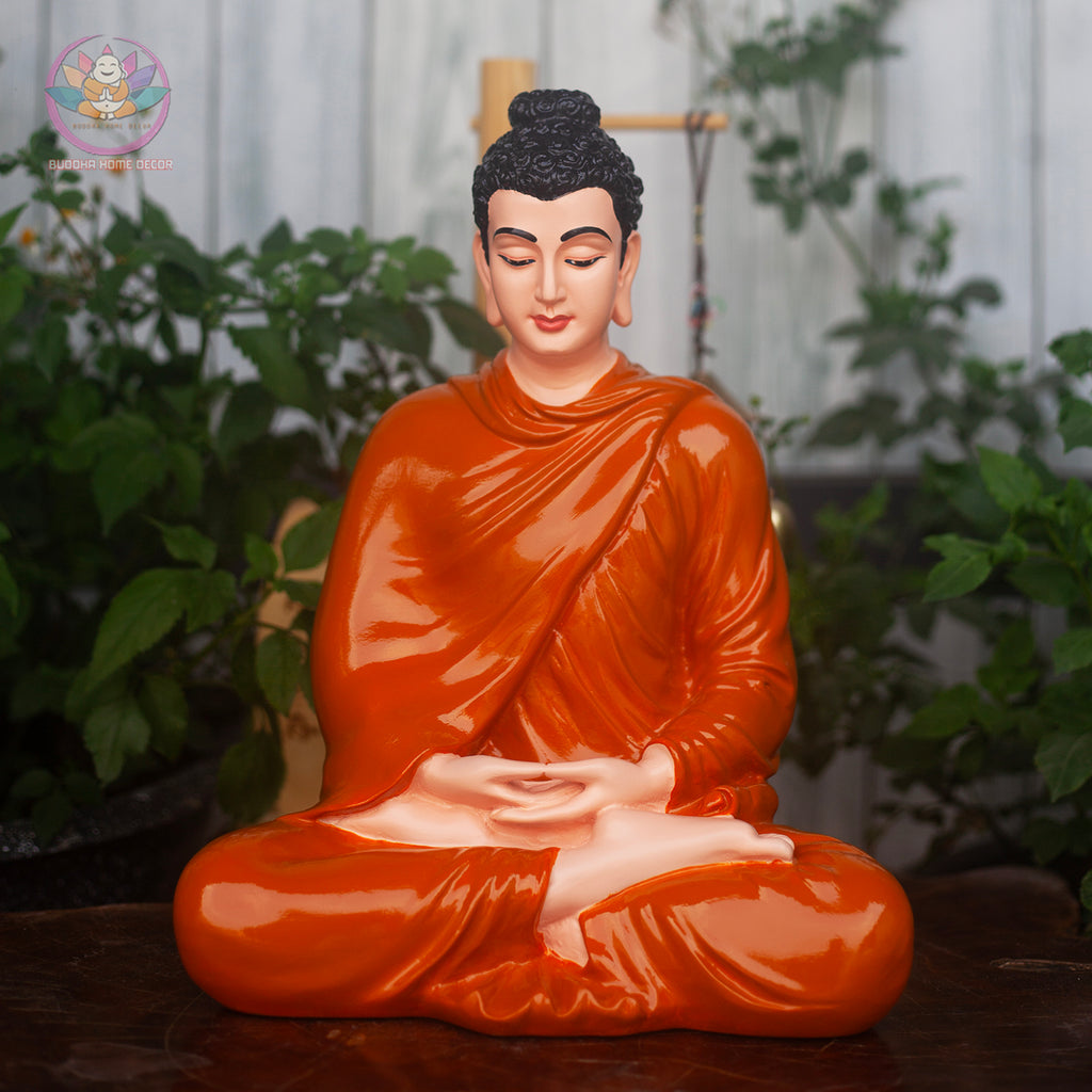 Shakyamuni Buddha Statue – 13.7" Meditation Figure in Orange Robe | Handcrafted Resin Sculpture for Altar & Zen Space