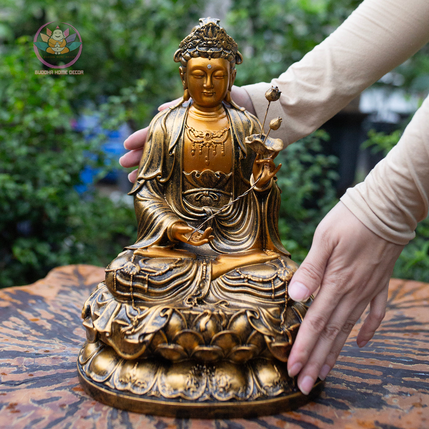 Amitabha Buddha & Bodhisattvas Statue Set – 11.8" Golden Finish Resin Figures (Guanyin, Amitabha, Mahasthamaprapta)