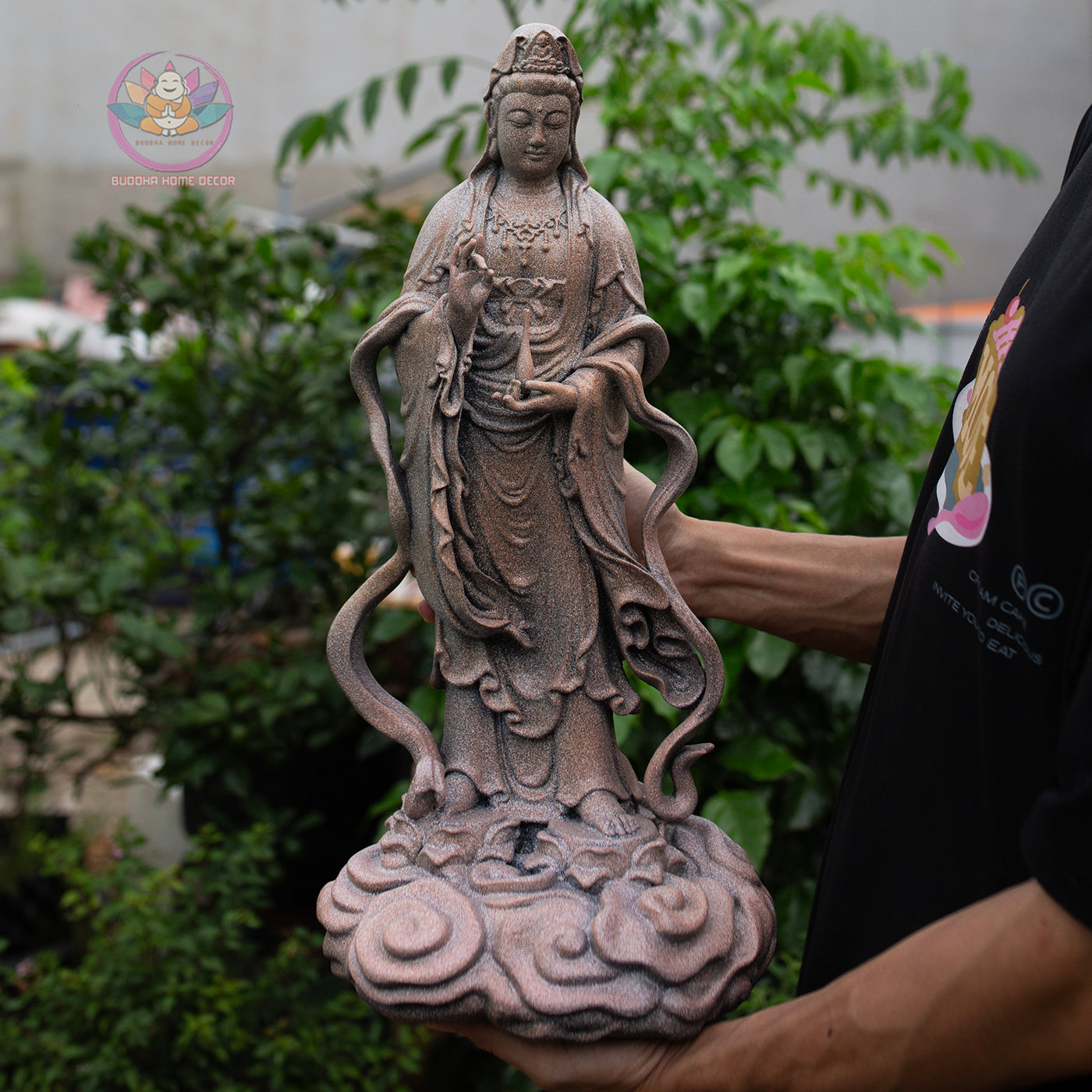 Guanyin Bodhisattva Statue 19.7" – Antique Stone Finish Standing Kwan Yin on Cloud Base