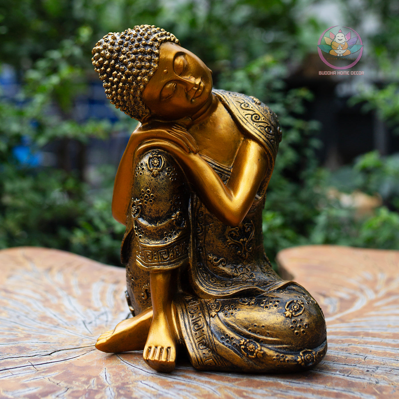 Resting Buddha Statue 9" – Golden Antique Finish Peaceful Sleeping Buddha Figurine