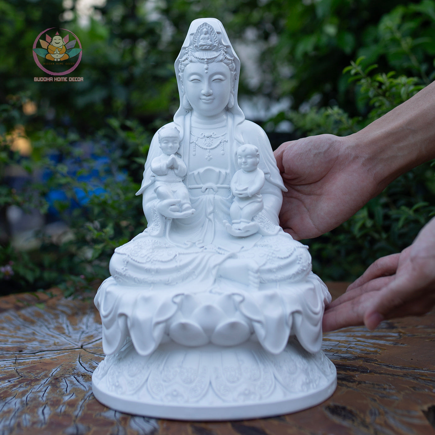 Quan Yin with Children Statue 11.8" | Composite Resin and Stone Powder | White Finish Guanyin Bodhisattva