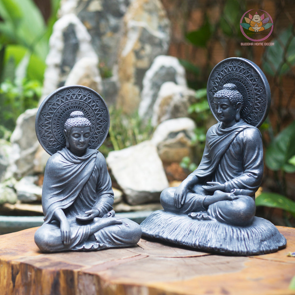 Buddha Statue with Halo – Shakyamuni Meditation Sculpture | Composite Resin Stone Finish | 18cm & 22cm