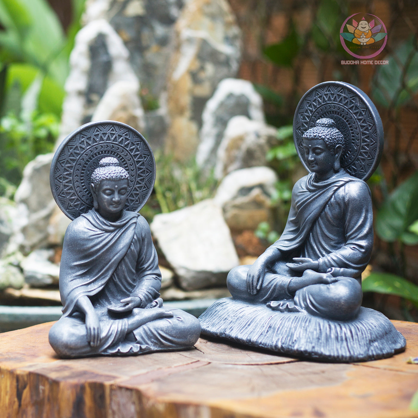 Buddha Statue with Halo – Shakyamuni Meditation Sculpture | Composite Resin Stone Finish | 18cm & 22cm