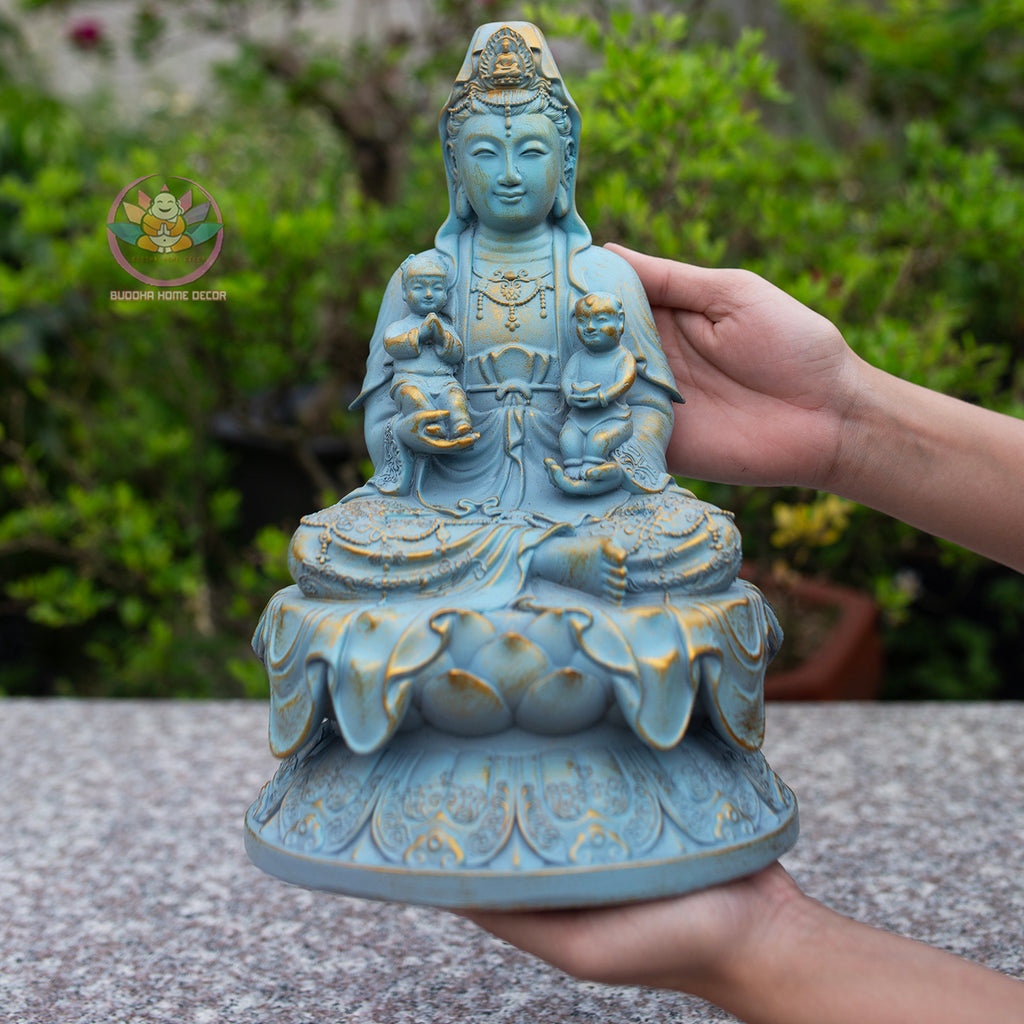 Quan Yin with Children Statue 11.8" | Composite Resin and Stone Powder | Blue Finish Guanyin Bodhisattva