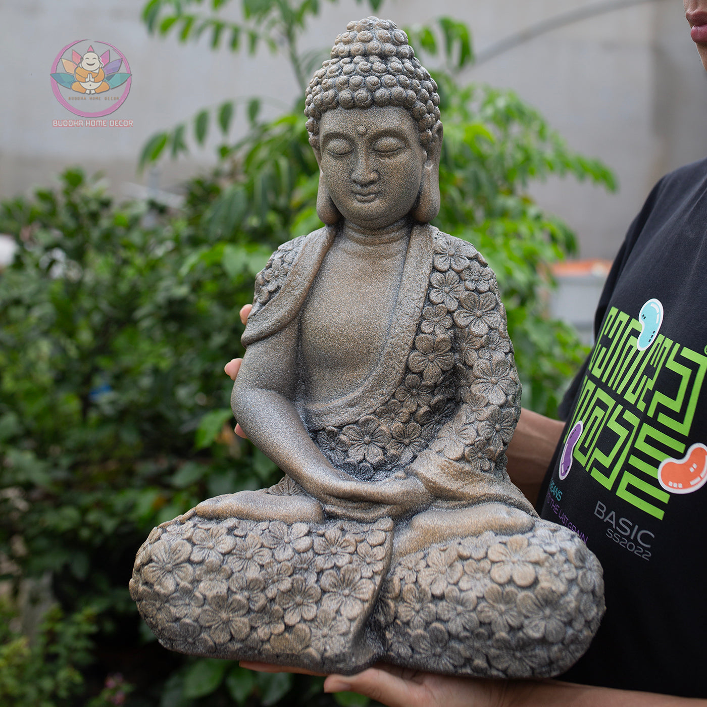 Meditating Buddha Statue 16.9" – Antique Stone Finish Floral Robe Buddha Sculpture
