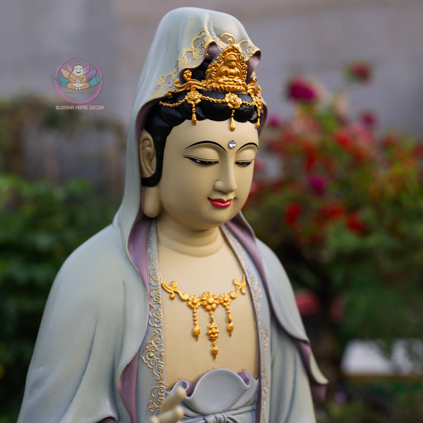 Standing Guanyin Statue – 35.4" (90cm) Bodhisattva on Cloud Base | Hand-Painted Resin Sculpture | Vintage Buddhist Decor from Vietnam