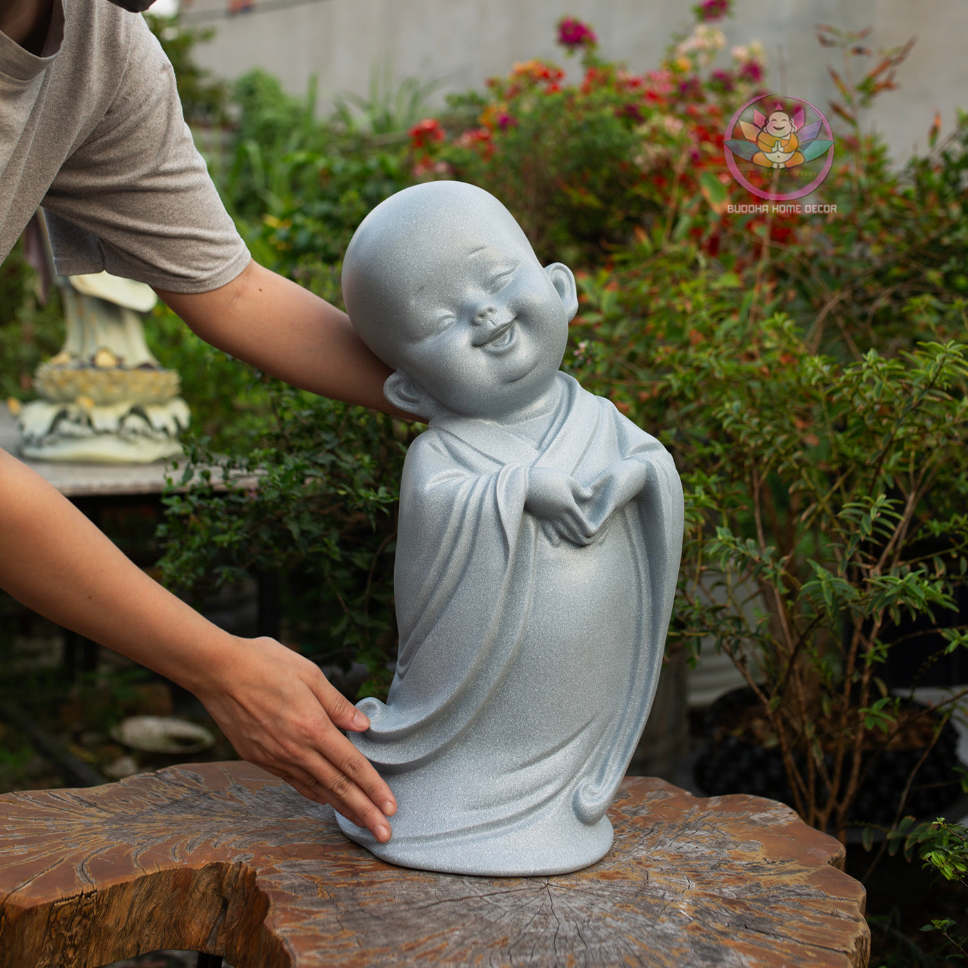 Happy Little Monk Statue 19.7" | Composite Resin and Stone Powder | Grey Stone Finish | Zen Monk Figurines for Home and Garden Decor