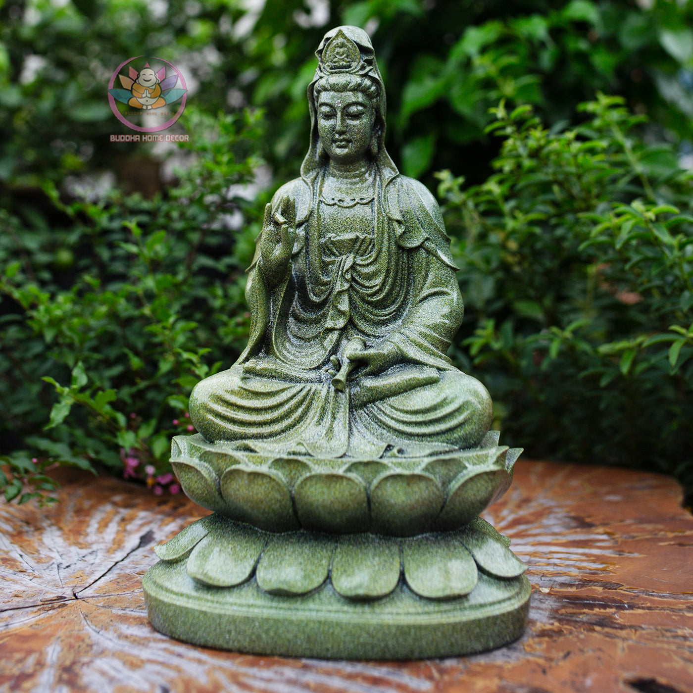 Quan Yin Bodhisattva Statue 11.8" | Green Stone Finish | Seated Guanyin on Lotus Pedestal