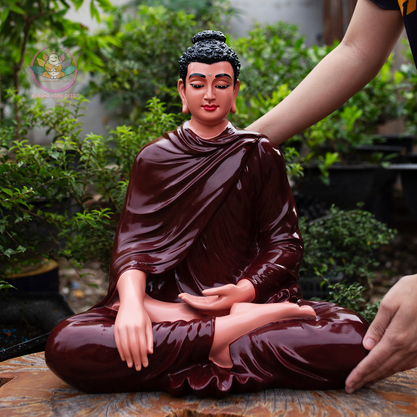 Shakyamuni Buddha Statue 19.7" | Composite Resin and Stone Powder | Glossy Ceramic Brown Finish