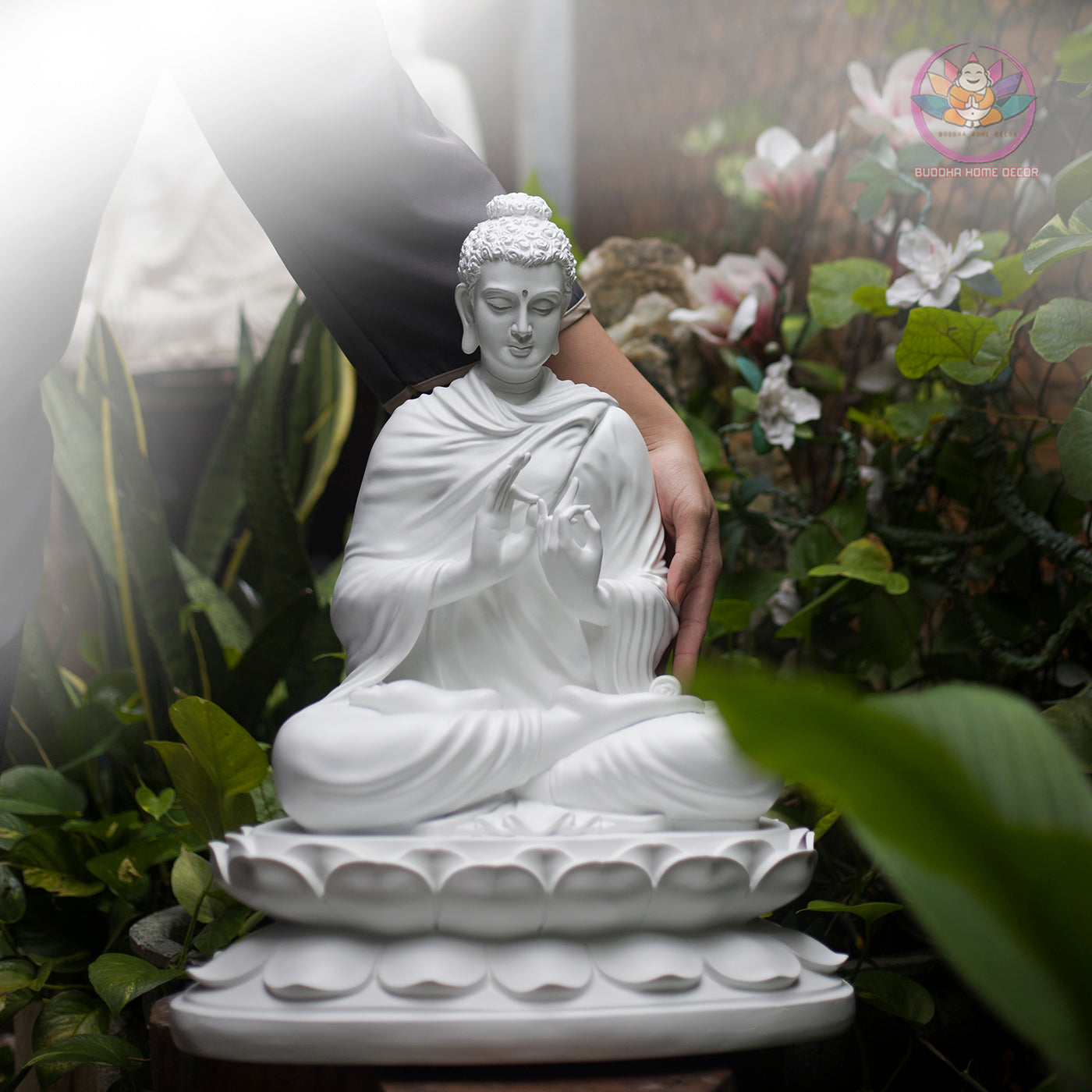 White Buddha Teaching Statue – 19.7" Resin Shakyamuni Turning the Dharma Wheel – Zen Altar, Meditation Space, Spiritual Decor Gift