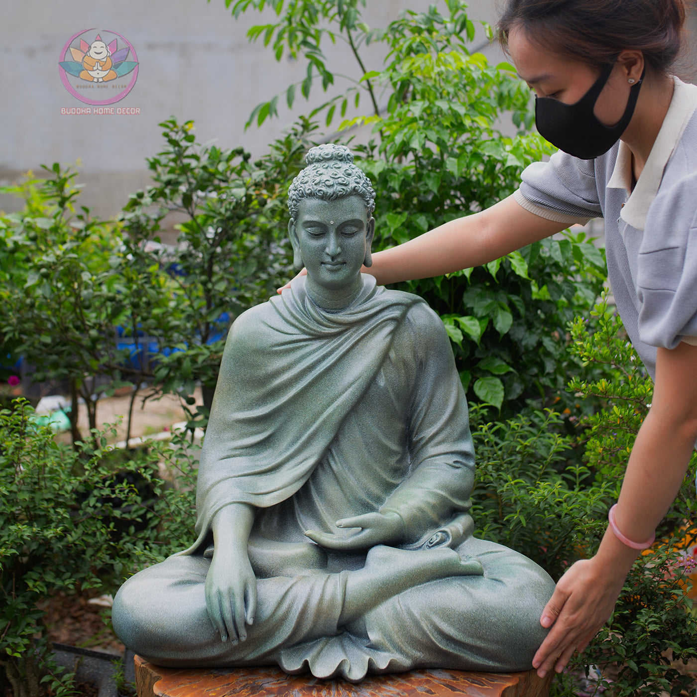 Shakyamuni Buddha Statue 29.5" – Large Resin & Stone Powder Buddha in Stone Grey or Light Teal Finish
