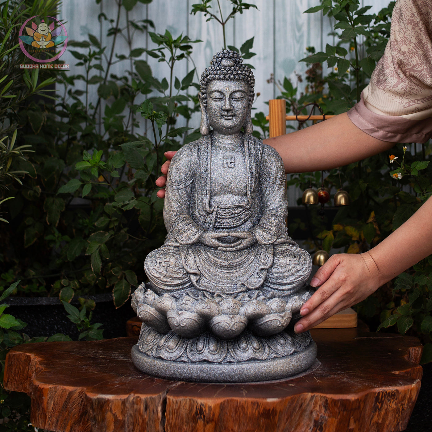 Amitabha Buddha Statue – Gray Stone Finish Resin Sculpture – Zen Meditation Decor, Buddhist Altar Ornament, Spiritual Gift