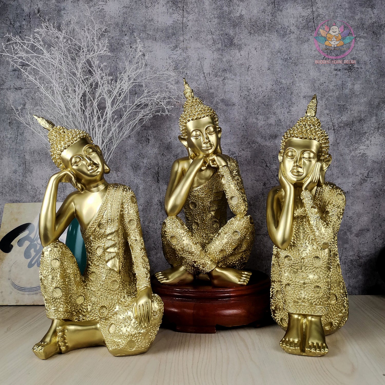 Gold Buddha Trio Statue Set – 14.6" Resin Meditating Buddhas – Peaceful Zen Home Altar, Meditation Space, Spiritual Decor Gift