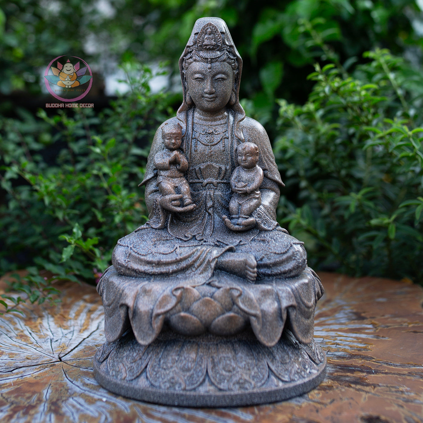 Quan Yin with Children Statue 11.8" | Granite Stone Finish | Guanyin Bodhisattva for Home Altar and Decor