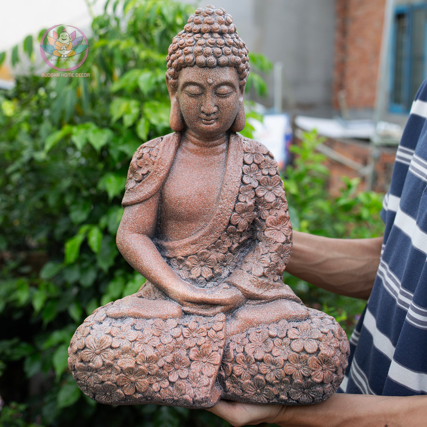 Floral Robe Seated Buddha 16.9" – Meditating Buddha Statue for Home & Garden Decor