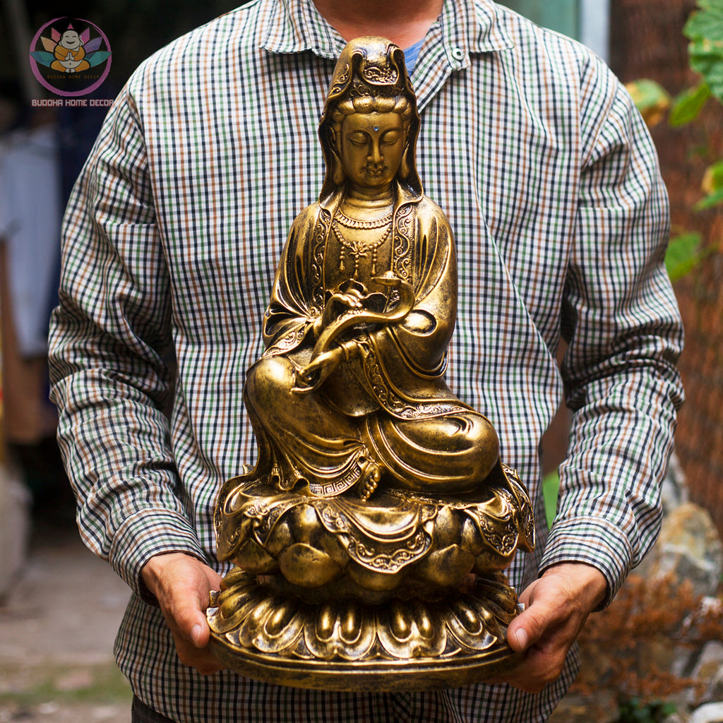 Bronze Guanyin Statue – 18.9" Resin Kwan Yin Bodhisattva Figurine – Zen Home Altar, Meditation Room, Spiritual Decor Gift